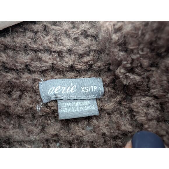 Aerie Open Weave Wool Blend Mock Neck Sweater Chocolate Brown Cold Weather XS - Picture 2 of 6